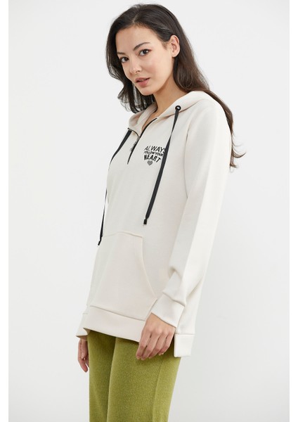 Yarım Fermuarlı Kapüşonlu Sweatshirt - Bej fırsatları