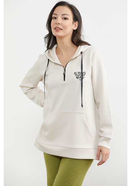 Yarım Fermuarlı Kapüşonlu Sweatshirt - Bej indirimleri