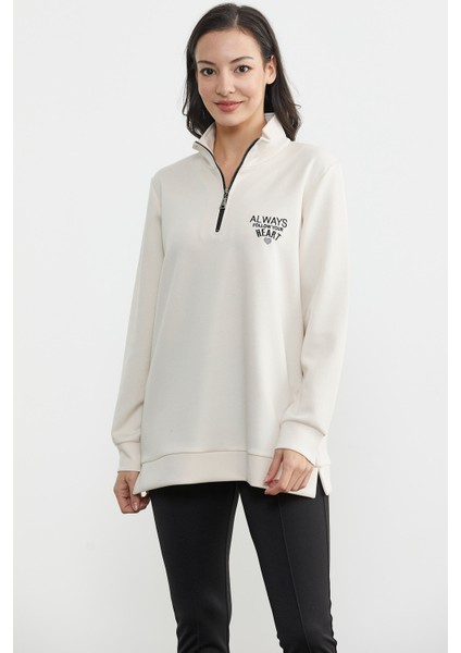 Dik Yaka Yarım Fermuarlı Sweatshirt - Bej