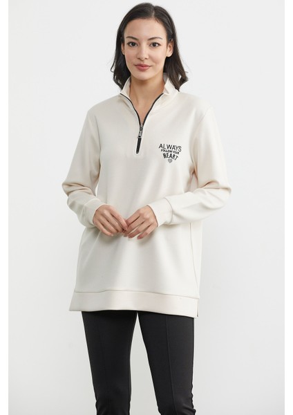 Dik Yaka Yarım Fermuarlı Sweatshirt - Bej fiyatları