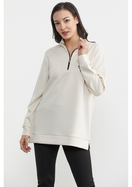Dik Yaka Yarım Fermuarlı Sweatshirt - Bej modelleri
