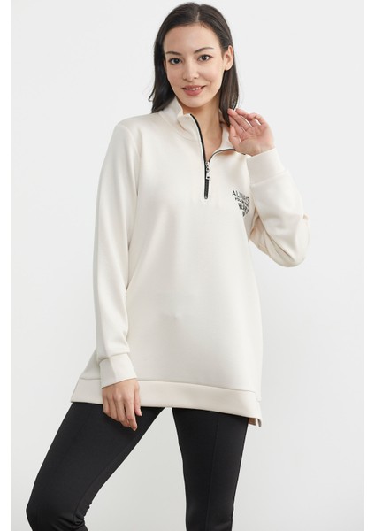 Dik Yaka Yarım Fermuarlı Sweatshirt - Bej fırsatları
