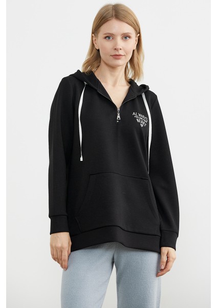 Yarım Fermuarlı Kapüşonlu Sweatshirt - Siyah