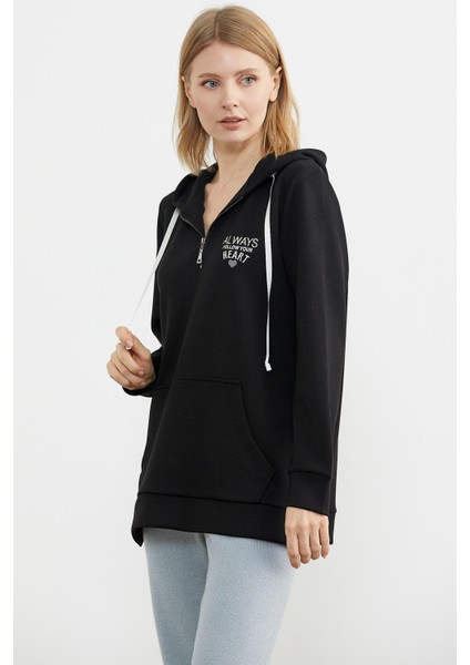 Yarım Fermuarlı Kapüşonlu Sweatshirt - Siyah