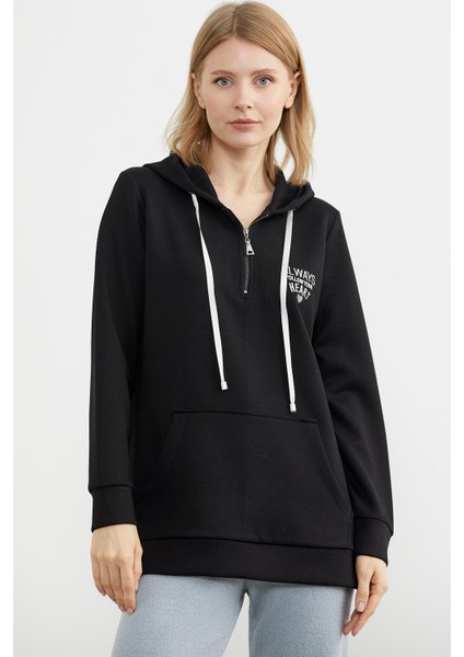 Yarım Fermuarlı Kapüşonlu Sweatshirt - Siyah