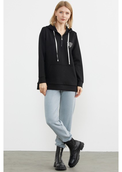 Yarım Fermuarlı Kapüşonlu Sweatshirt - Siyah