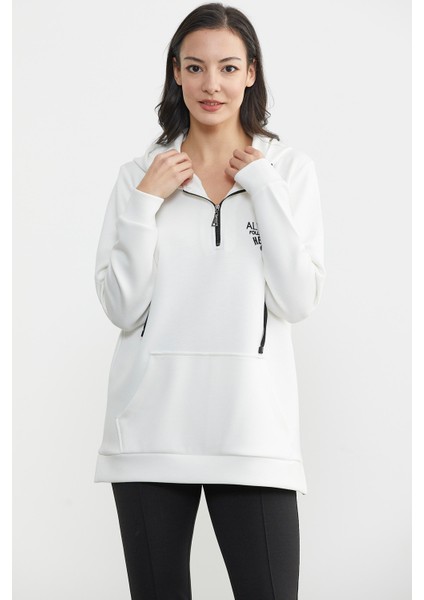 Yarım Fermuarlı Kapüşonlu Sweatshirt - Ekru
