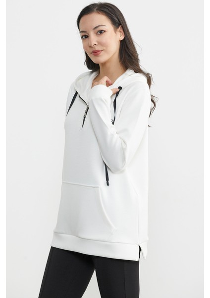 Yarım Fermuarlı Kapüşonlu Sweatshirt - Ekru