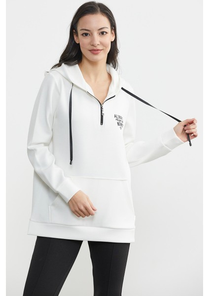 Yarım Fermuarlı Kapüşonlu Sweatshirt - Ekru