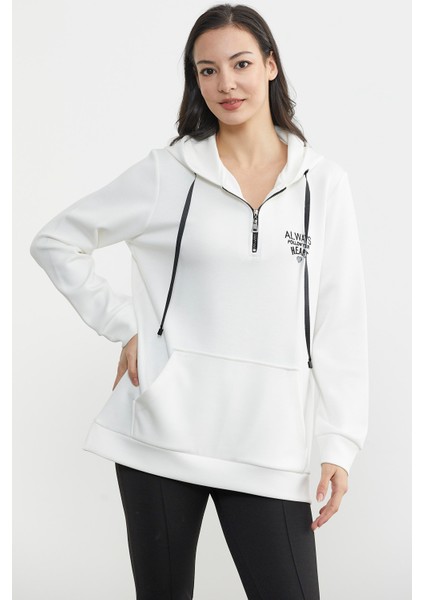 Yarım Fermuarlı Kapüşonlu Sweatshirt - Ekru