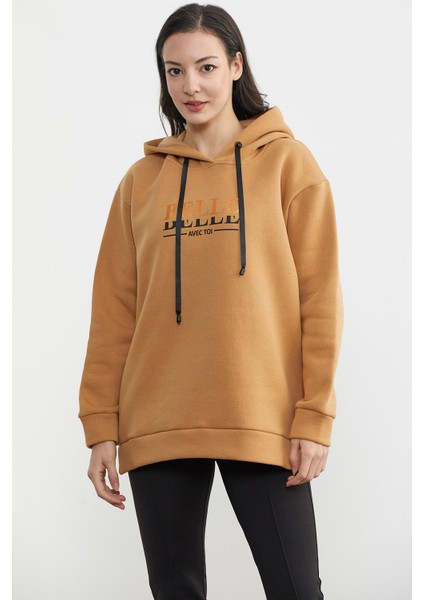 Kapüşonlu Içi Pamuklu Kalın Sweatshirt - Kamel