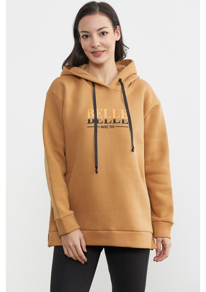 Kapüşonlu Içi Pamuklu Kalın Sweatshirt - Kamel