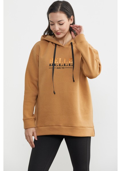 Kapüşonlu Içi Pamuklu Kalın Sweatshirt - Kamel