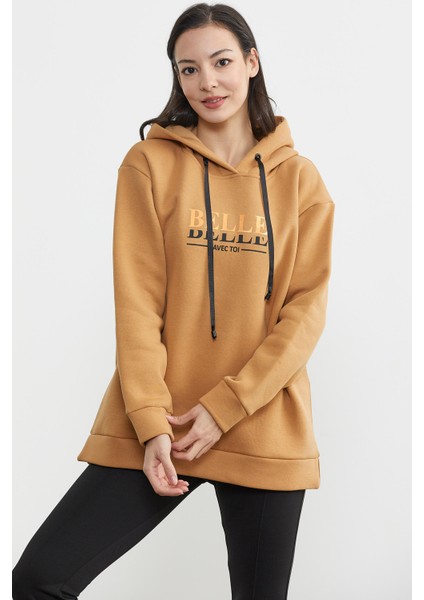 Kapüşonlu Içi Pamuklu Kalın Sweatshirt - Kamel