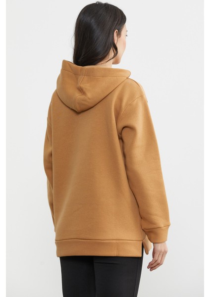 Kapüşonlu Içi Pamuklu Kalın Sweatshirt - Kamel