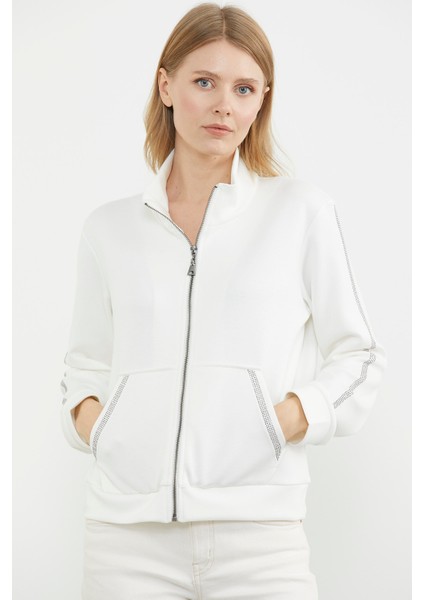 Dik Yaka Bomber Sweat Ceket - Ekru