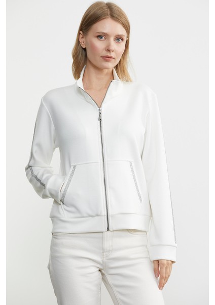Dik Yaka Bomber Sweat Ceket - Ekru