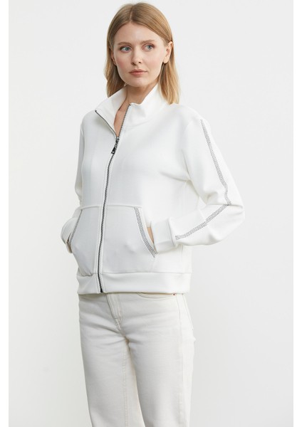 Dik Yaka Bomber Sweat Ceket - Ekru