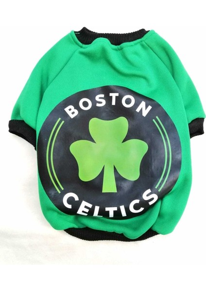 Boston Desenli Yeşil %100 Pamuk Kumaş Kedi Köpek Kıyafeti & Elbisesi Sweatshirt