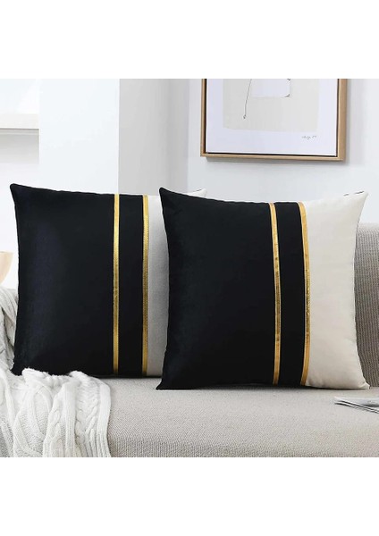 2 Adet Altın Deri Şeritli Kadife Görünümlü Dekoratif Kırlent Kılıfı