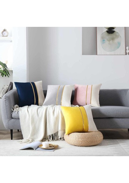 2 Adet Altın Deri Şeritli Kadife Görünümlü Dekoratif Kırlent Kılıfı fiyatları