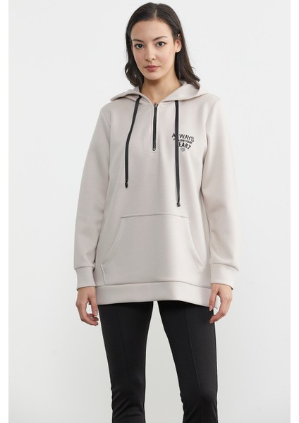 Yarım Fermuarlı Kapüşonlu Sweatshirt - Taş