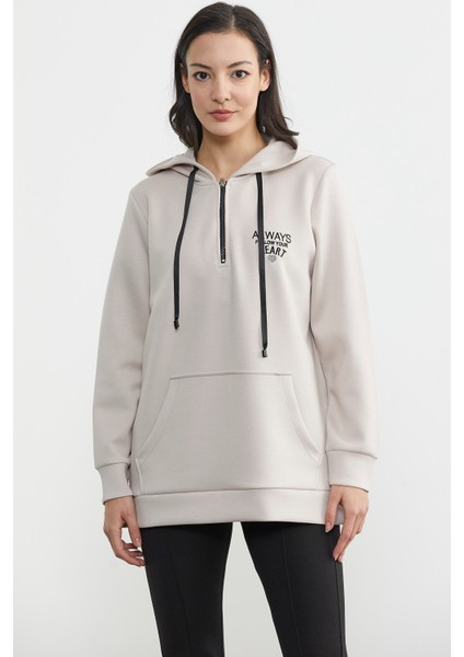 Yarım Fermuarlı Kapüşonlu Sweatshirt - Taş fiyatları