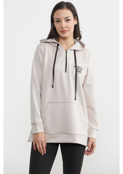 Yarım Fermuarlı Kapüşonlu Sweatshirt - Taş modelleri