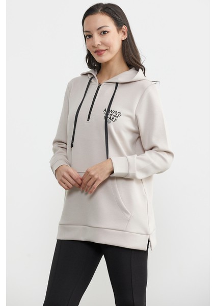 Yarım Fermuarlı Kapüşonlu Sweatshirt - Taş fırsatları
