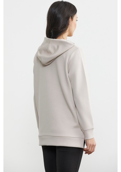 Yarım Fermuarlı Kapüşonlu Sweatshirt - Taş indirimleri