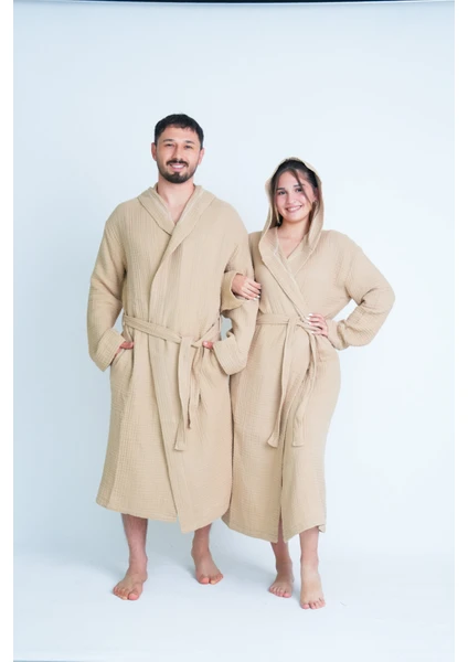 Meet Maya Natural Kapüşonlu Unisex  4 Katlı Müslin Bornoz /sabahlık