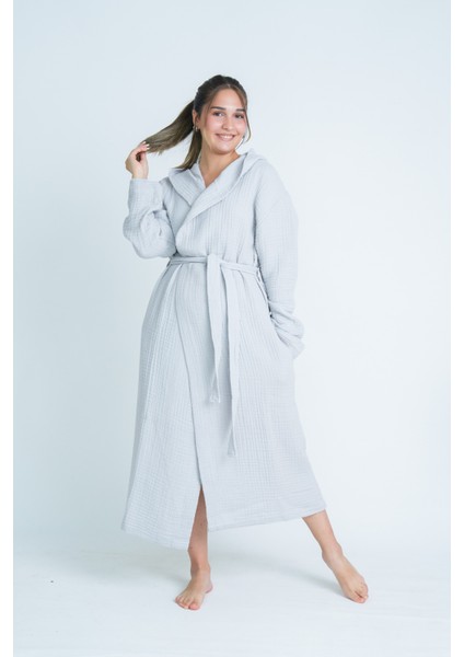 Kapüşonlu Unisex 4 Katlı Müslin Bornoz/sabahlık