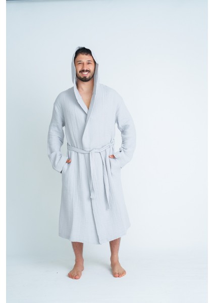 Kapüşonlu Unisex 4 Katlı Müslin Bornoz/sabahlık