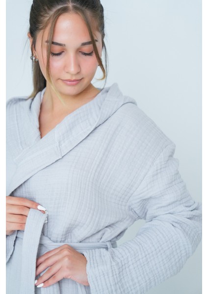 Kapüşonlu Unisex 4 Katlı Müslin Bornoz/sabahlık