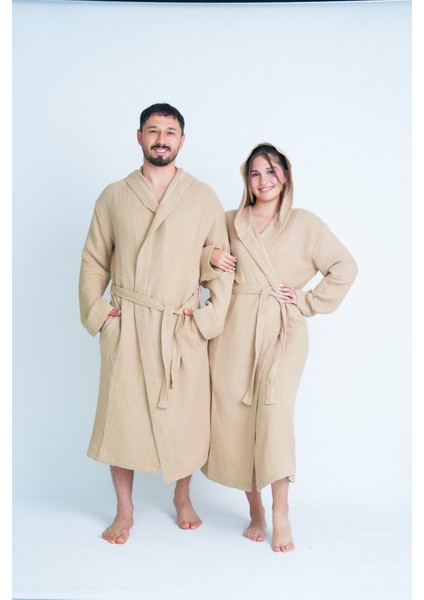 Kapüşonlu Unisex 4 Katlı Müslin Bornoz/sabahlık