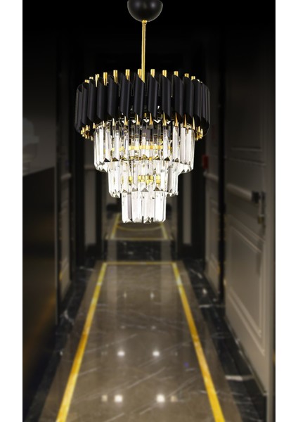 Zamira 35 Cm'lik Kristal Taşlı Lüx Avize 3'lü (Black Gold)