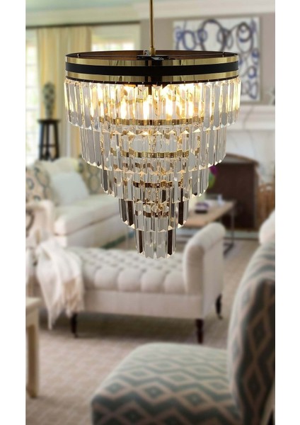 Avizade Şeritli 40 cm Lik Kristal Taşlı Lüks Avize