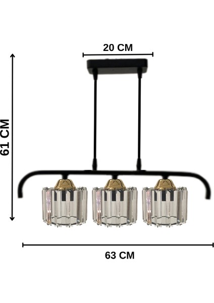 Elmas 3'lü Gold Kristal Taşlı Lüx Sarkıt Avize - Yatak Odası - Salon - Mutfak - Hol