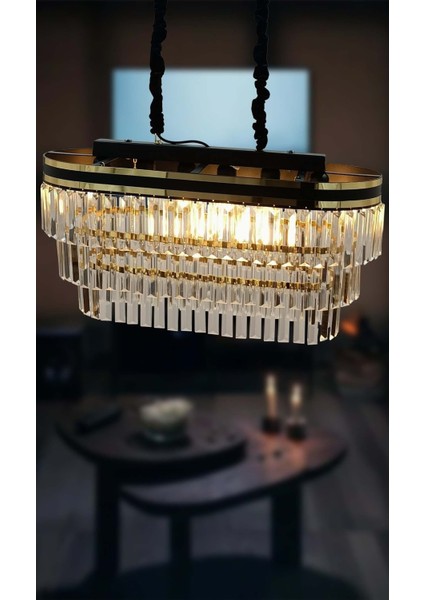 Avizade Şeritli 70X30 cm Lik Kristal Taşlı Lüks Avize