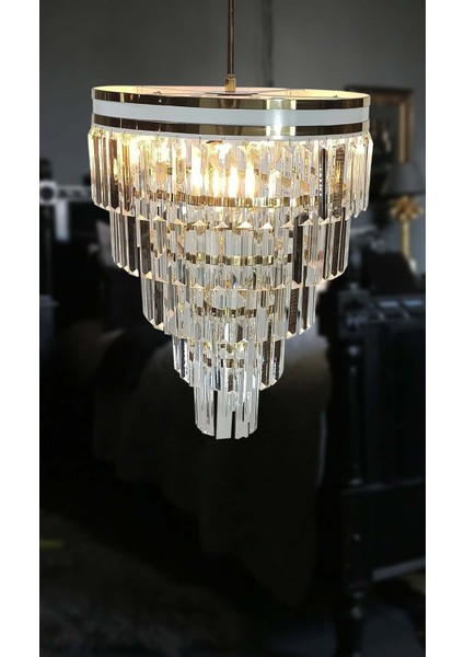 Avizade Matmazel Aksesuar Şeritli Beyaz Gold 40 cm Lik Kristal Taşlı Lüks Avize