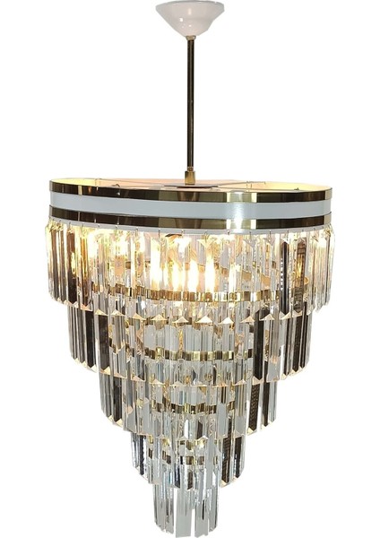 Avizade Matmazel Aksesuar Şeritli Beyaz Gold 40 cm Lik Kristal Taşlı Lüks Avize
