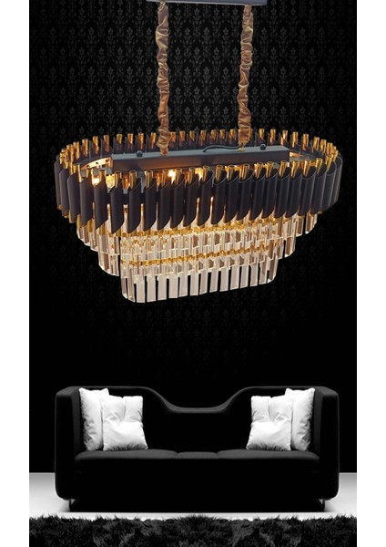 Avizade Zamira 75X35 cm Kristal Taşlı 3 Katlı Yemek Masası Üstü Lüks Avize 6 Lı (Black-Gold)