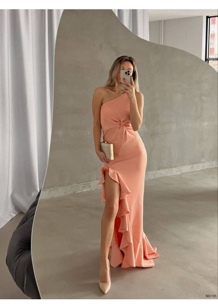 Kadın Scuba Kumaş Önü Fırfır Detaylı Maxi Boy Elbise