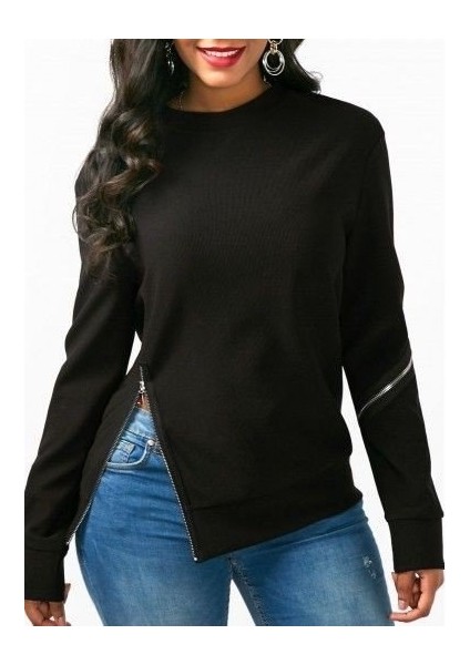 Kadın Uzun Kollu Bisiklet Yaka Fermuar Detay Iki Iplik Bluz