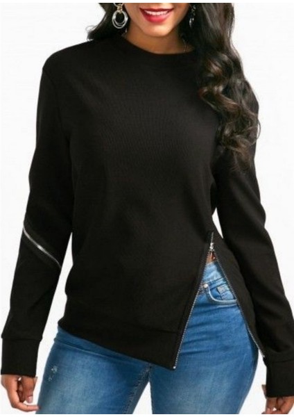 Kadın Uzun Kollu Bisiklet Yaka Fermuar Detay Iki Iplik Bluz fiyatları