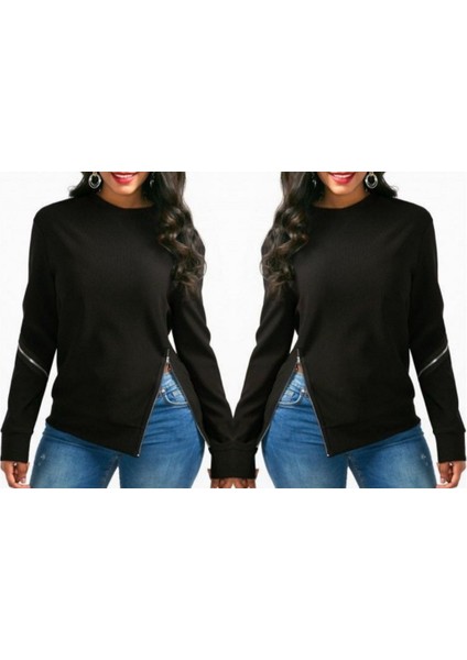 Kadın Uzun Kollu Bisiklet Yaka Fermuar Detay Iki Iplik Bluz fırsatları