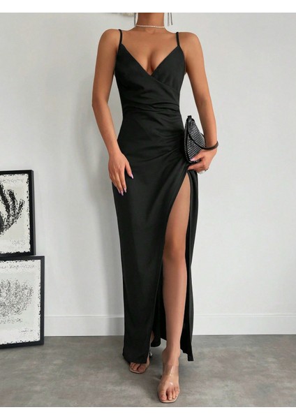 Kadın Askılı Kruvaze Yaka Derin Yırtmaçlı Krep Elbise indirimleri