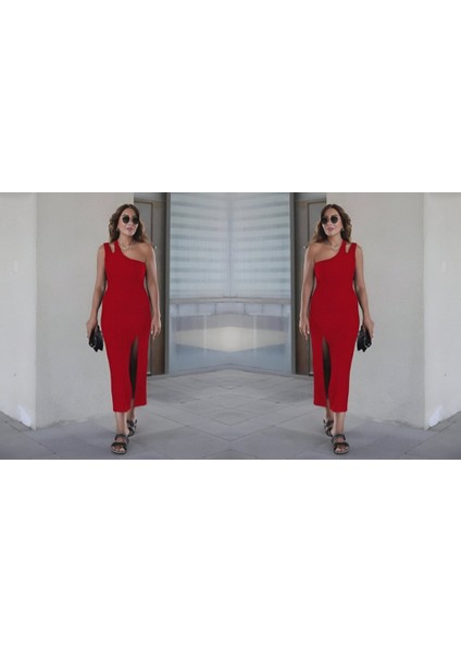 Kadın Kolsuz Tek Omuz Damla Detay Ottoman Kumaş Elbise modelleri