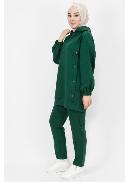 6973 2 Ip Kumaş Yıldız Zımba Detaylı Kapüşonlu 2Li Takım