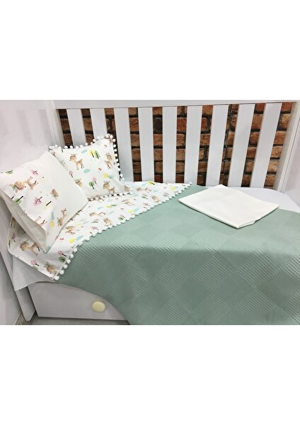 Buse Baby Home Yeşil , Çocuk Çok Amaçlı Poplin ,pikeli ve Ponponlu Nevresim Takımı 6'lı Set